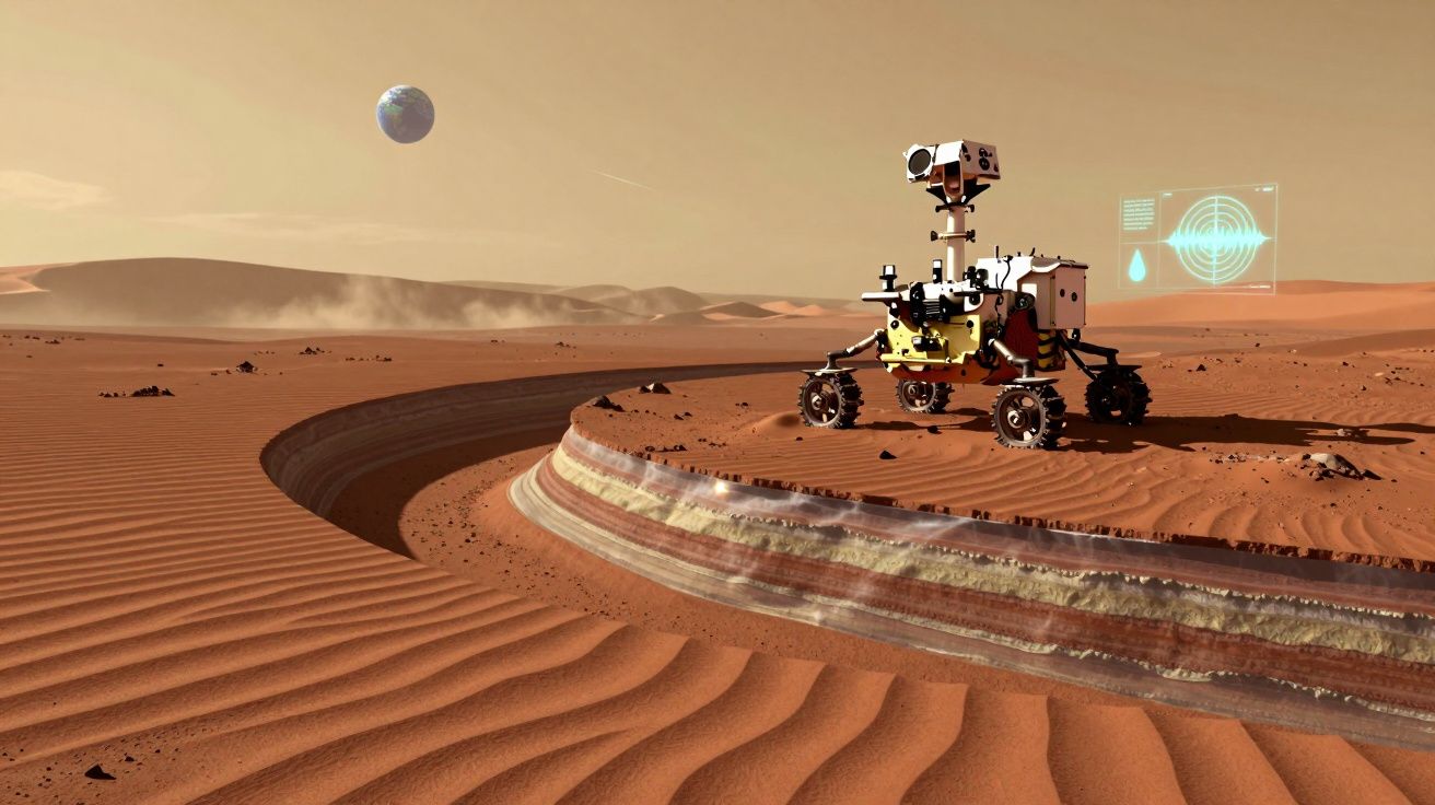 Rover exploratório em solo marciano perto de cratera com terra estratificada e Terra visível no céu.