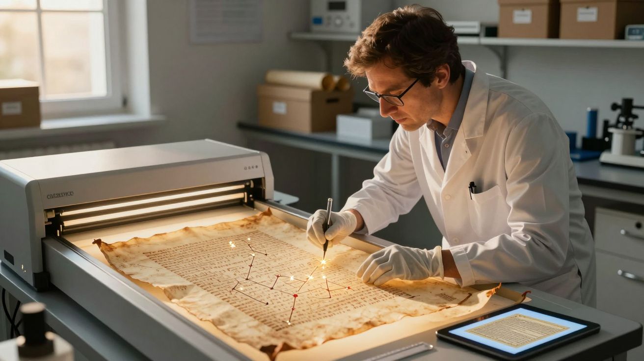 Conservador a analisar e restaurar documento antigo com equipamento especializado num laboratório.