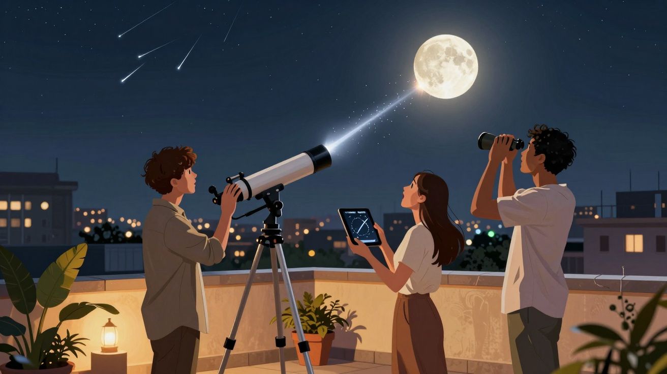 Três pessoas observam o céu noturno com telescópio, binóculos e tablet numa varanda iluminada pela lua cheia.