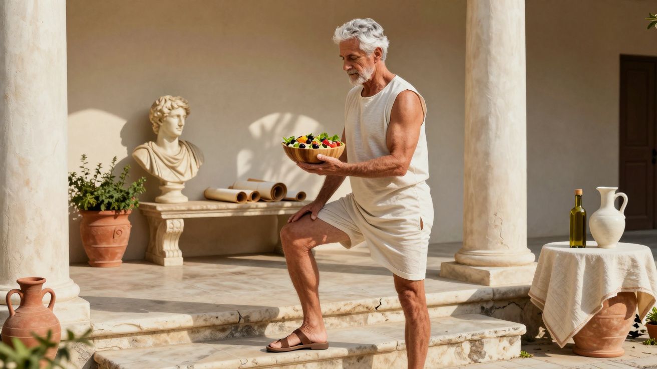 Homem idoso com roupa branca segura taça de fruta num pátio com colunas e estátua clássica ao fundo.