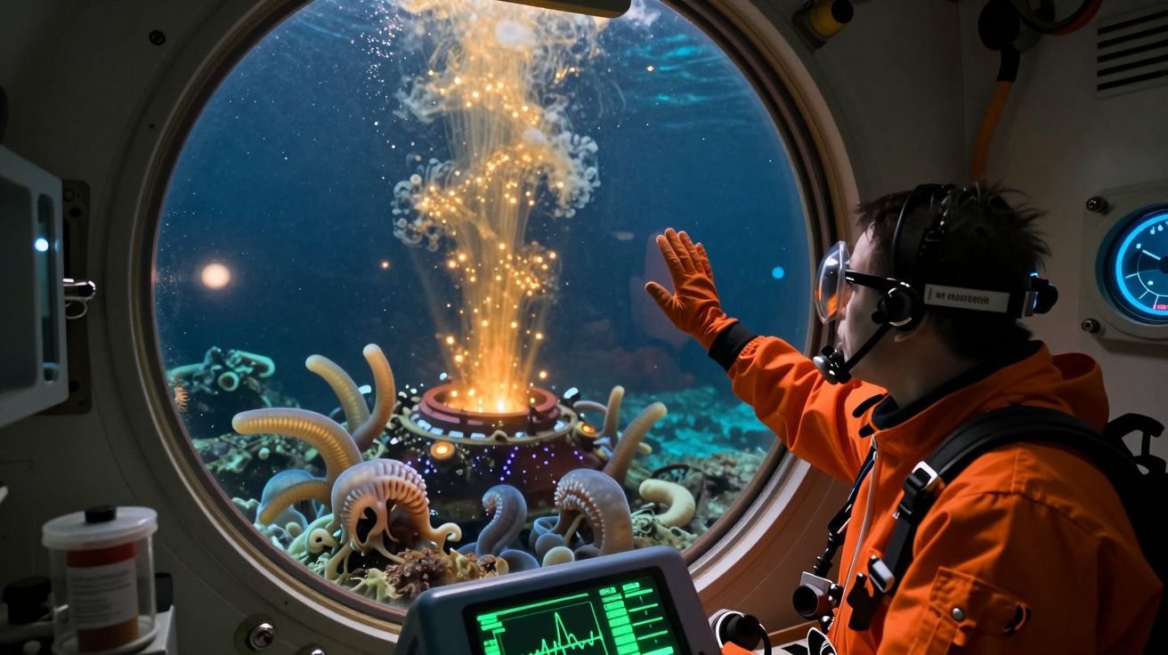Homem em fato de mergulho observa criatura luminosa e tentáculos no fundo do oceano através de janela de submarino.
