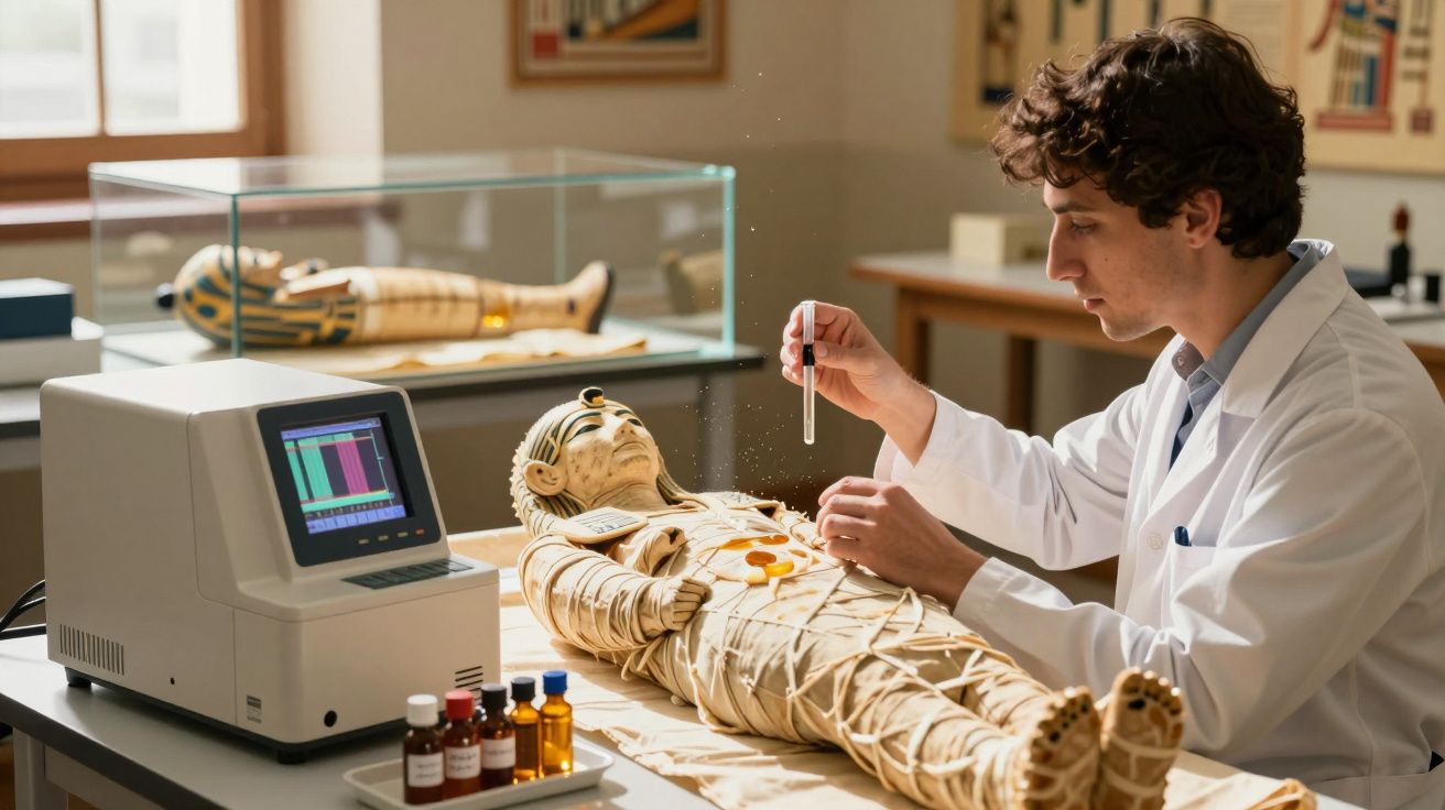 Jovem cientista analisa múmia com dispositivos eletrónicos e frascos de líquidos numa sala de laboratório.