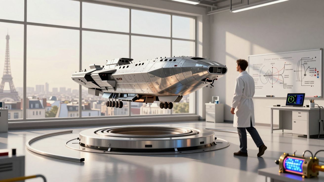 Cientista num laboratório observa uma nave espacial futurista suspensa, com a Torre Eiffel ao fundo.