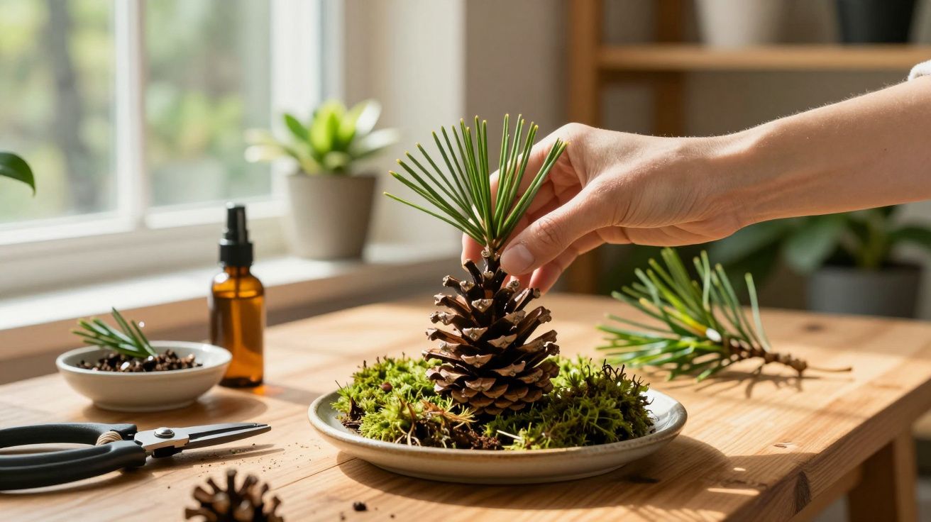 Mão a decorar um cone de pinheiro com ramos verdes numa mesa de madeira com musgo e ferramentas.