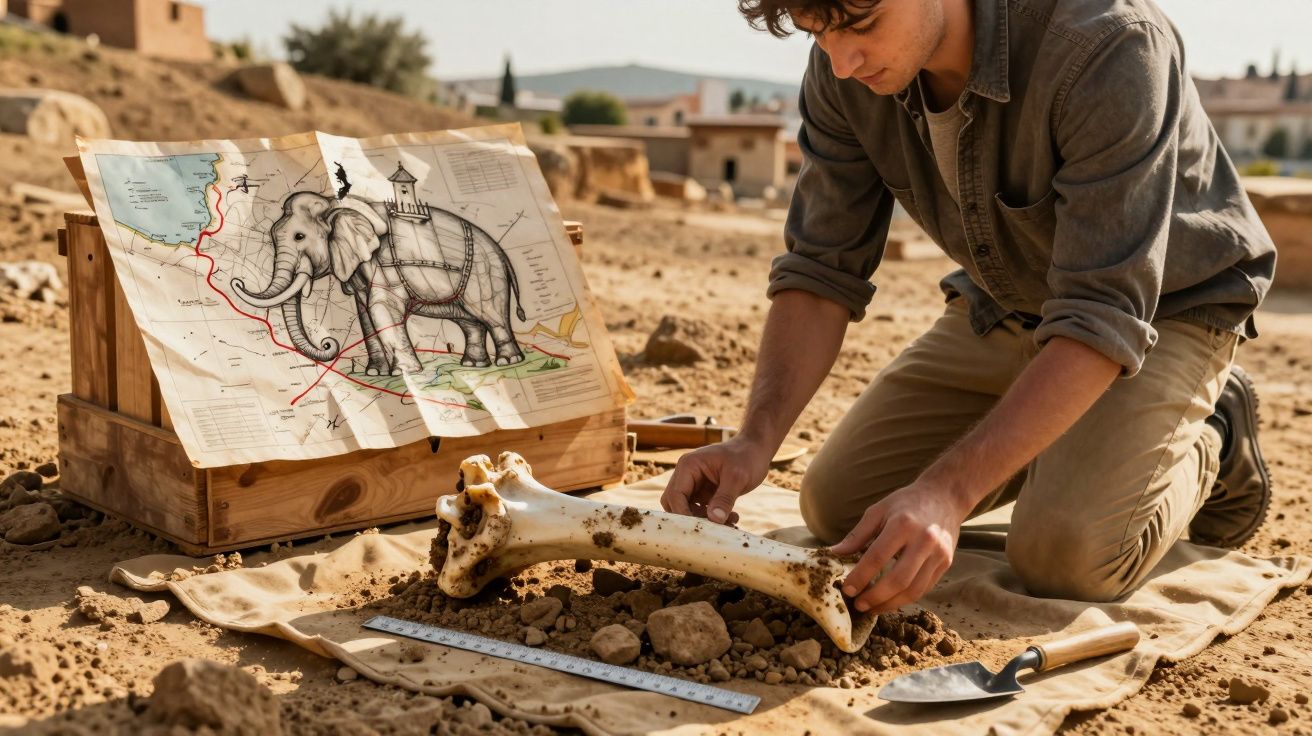 Jovem arqueólogo examina um osso grande no solo junto a um mapa com desenho de elefante em sítio arqueológico.