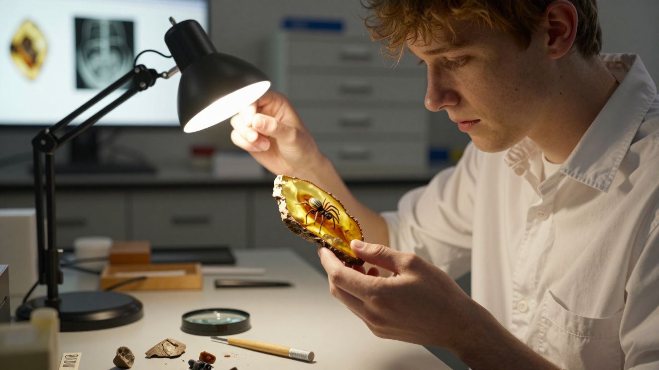 Jovem examina um fóssil de âmbar com um inseto no interior, iluminado por uma lâmpada de secretária num laboratório.
