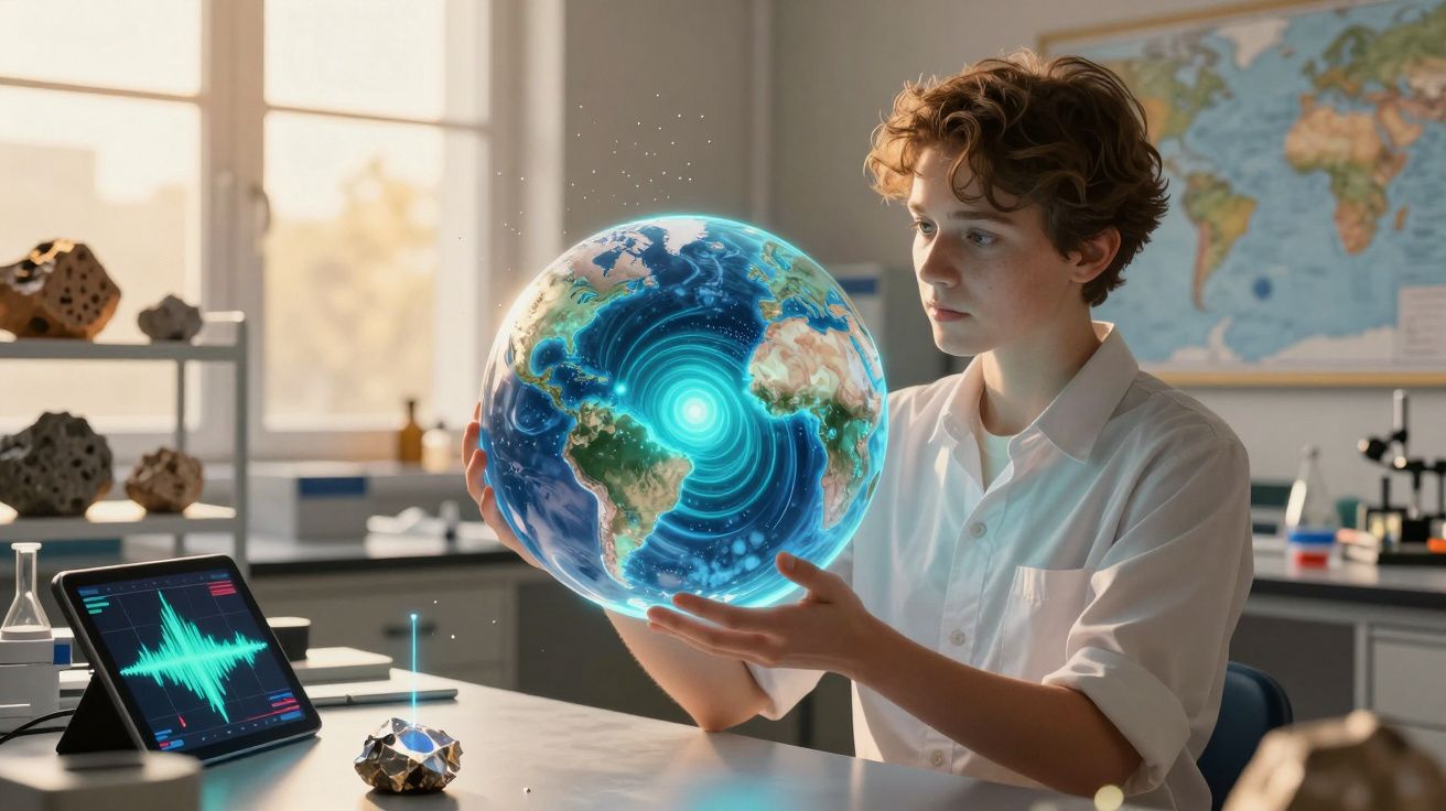 Jovem a estudar sismos numa sala com um globo digital de controlo de atividade sísmica.