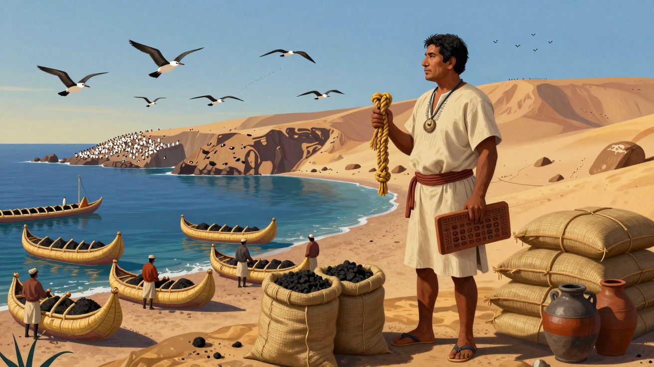 Homem antigo com roupas tradicionais observa o mar, rodeado por canoas, sacos e pássaros numa praia deserta.