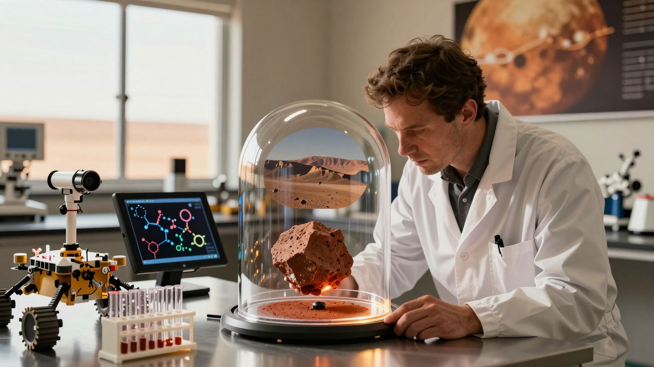 Cientista observa amostra de rocha marciana flutuante numa mesa de laboratório com equipamentos científicos.
