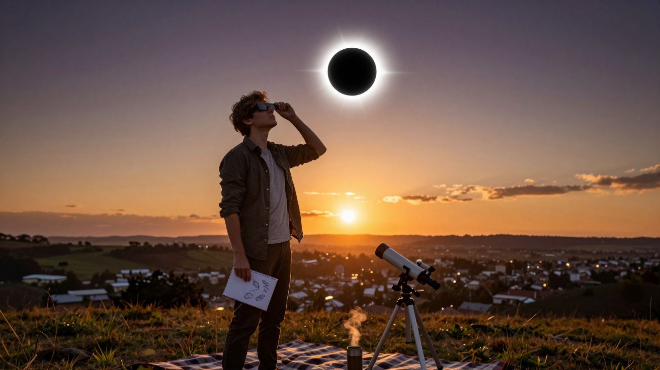 Pessoa a observar eclipse solar com óculos e telescópio num campo ao pôr do sol, com cidade ao fundo.
