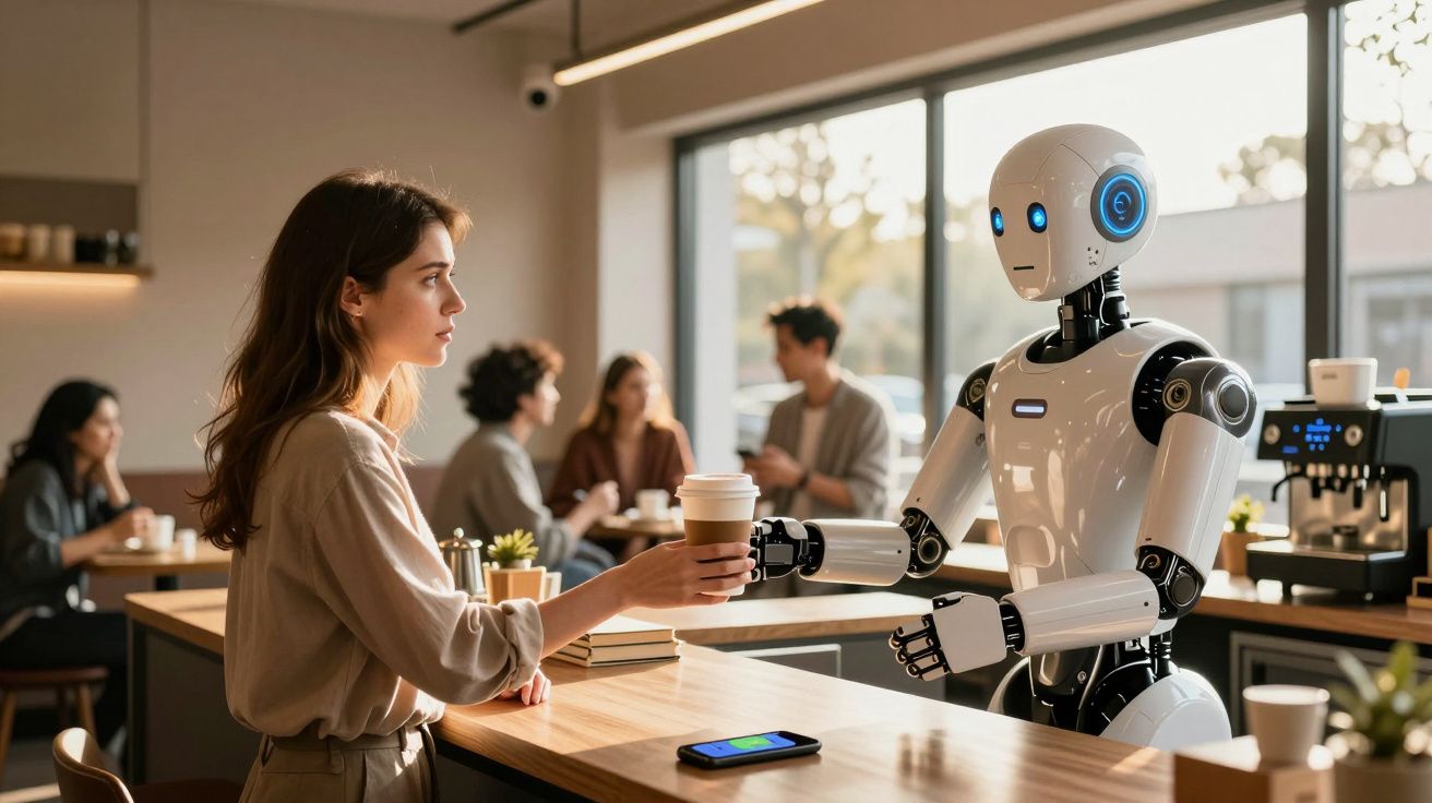 Mulher a receber café de um robô num café moderno com clientes ao fundo.