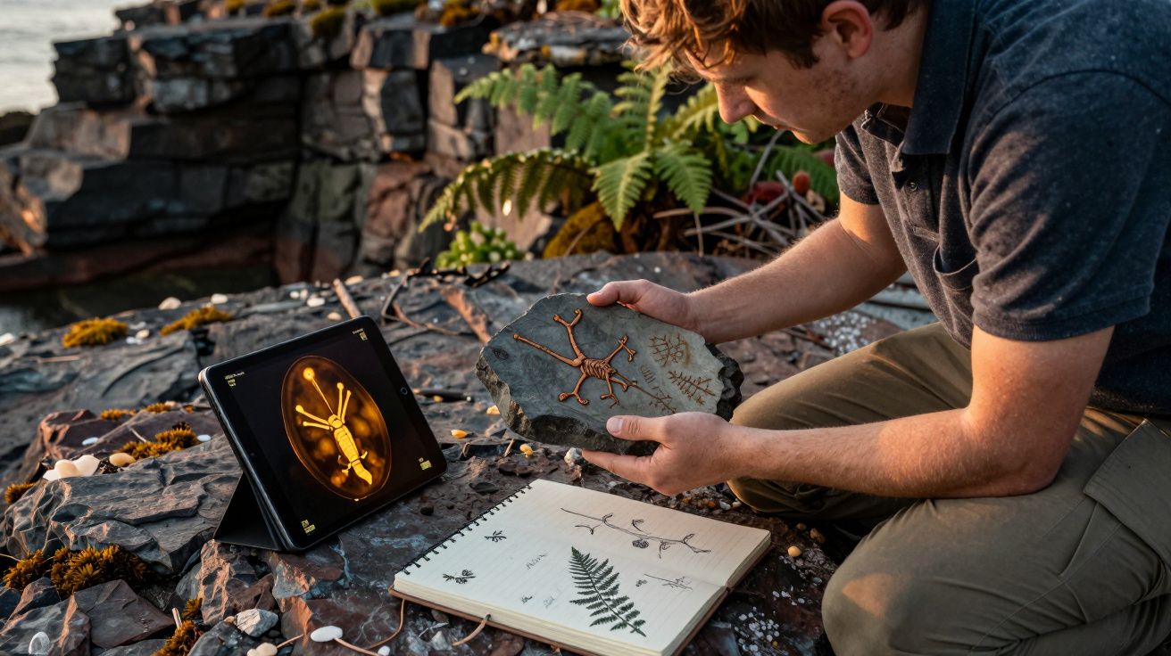 Homem analisa pedra com gravura antiga ao ar livre, junto a caderno de desenhos e ecrã digital.