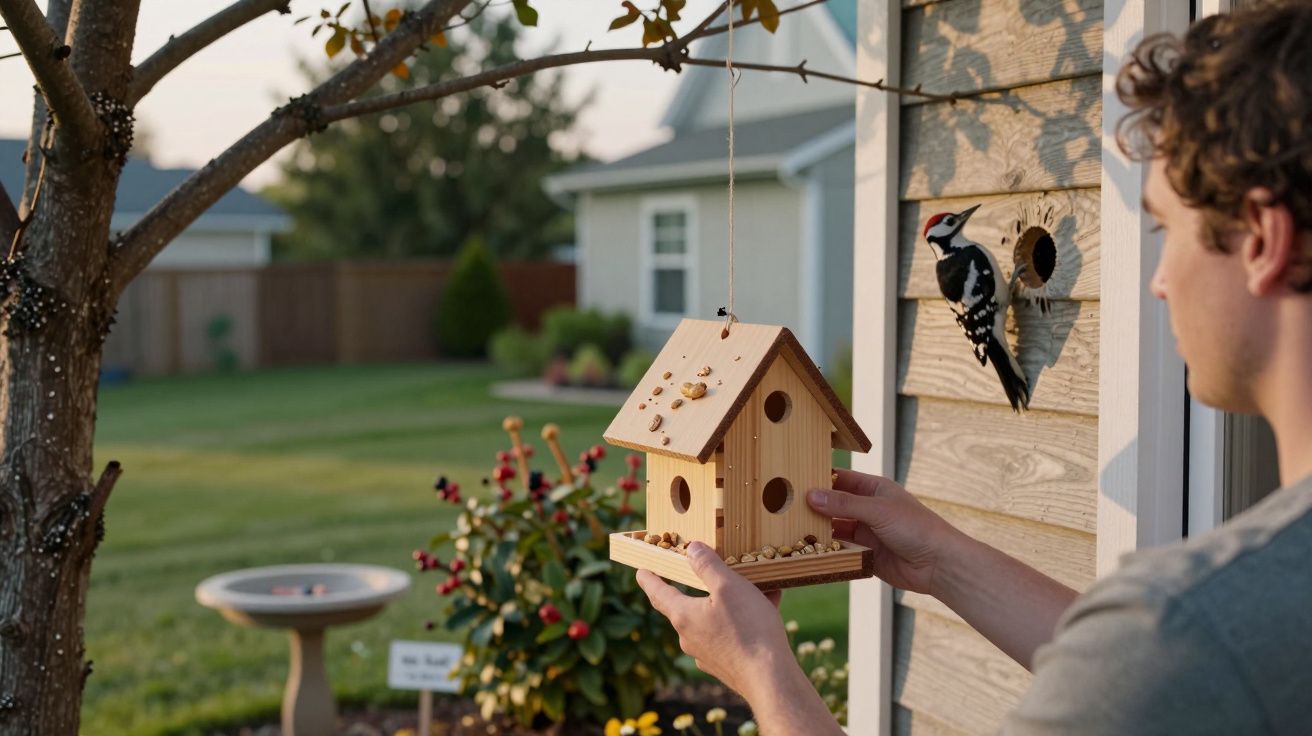 Homem a instalar comedouro de pássaros numa casa de madeira no exterior do jardim.