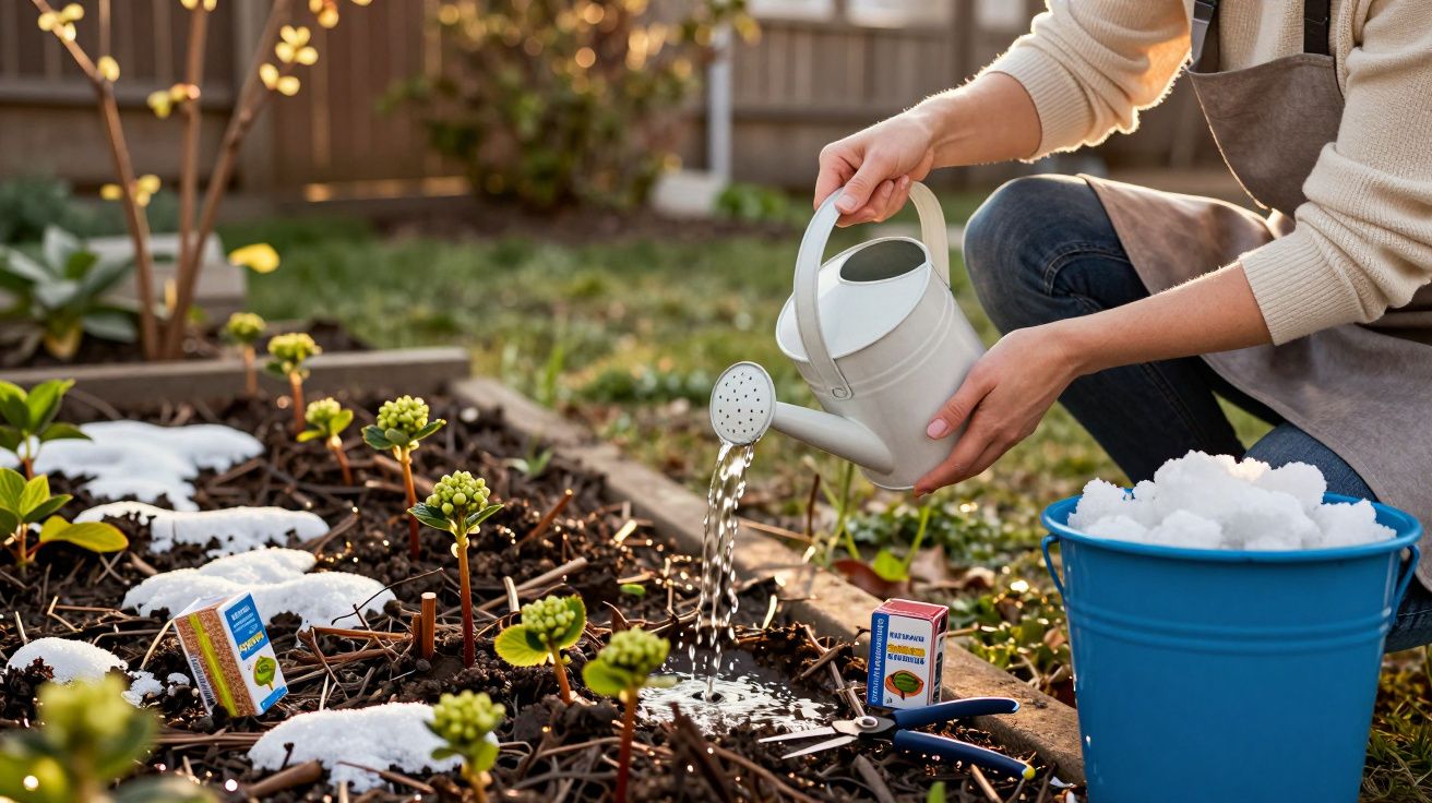 Pessoa a regar plantas num jardim com neve e um balde azul cheio de neve ao lado.