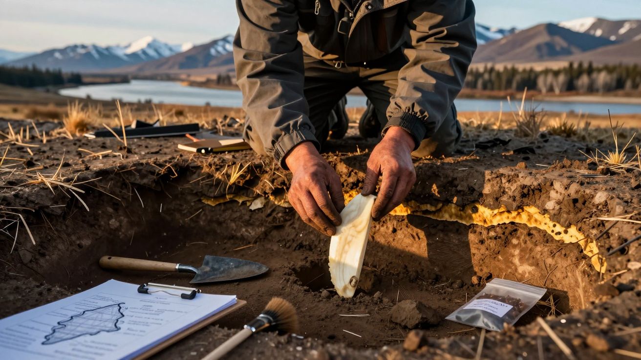Homem a estudar solo num campo aberto com montanhas ao fundo, usando ferramentas de escavação.