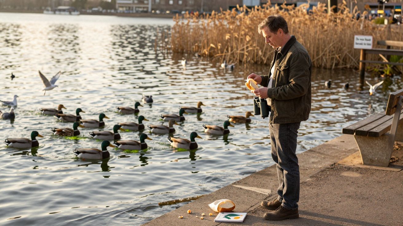 Homem a alimentar patos à beira de um lago ao entardecer, segurando binóculos e pão.