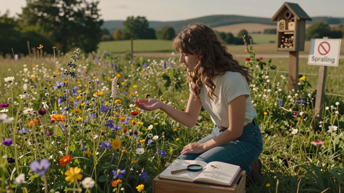 Mulher ajoelhada numa campina florida observa borboleta pousada na mão, com livro e lupa à frente.