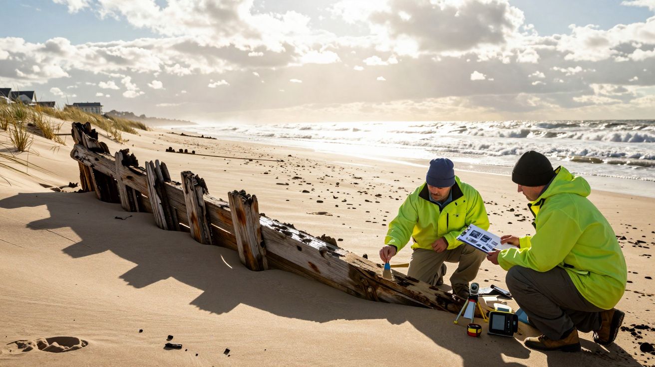 Dois homens com casacos amarelos analisam destroços de madeira na areia da praia sob céu nublado.