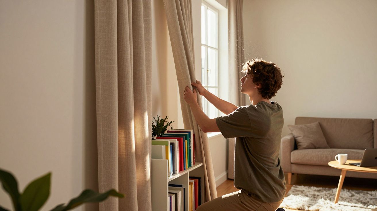 Pessoa a abrir cortinas num quarto iluminado com estante, sofá e mesa de centro.