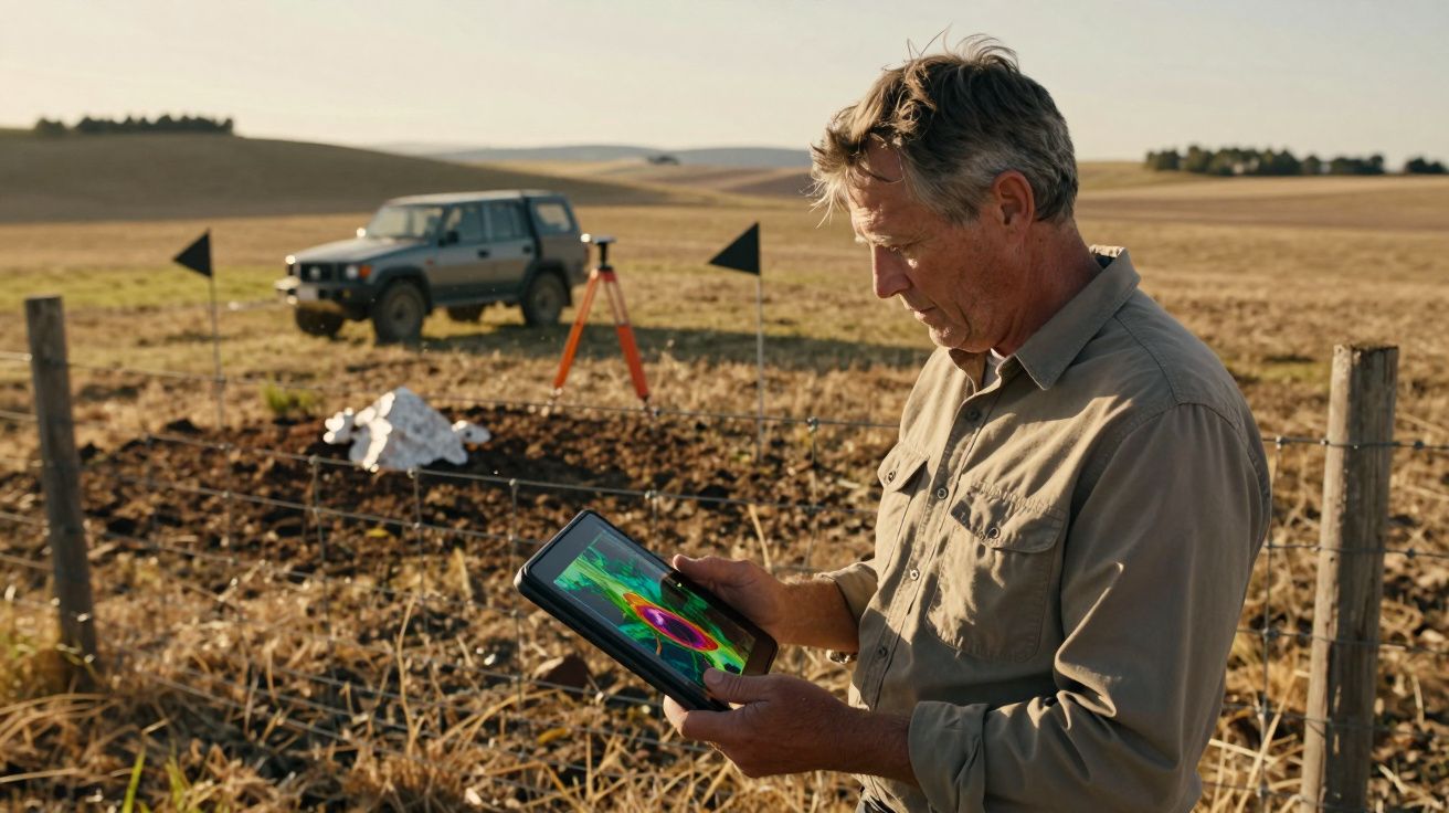 Homem a analisar dados num tablet junto a um terreno agrícola com veículo e equipamento de medição ao fundo.