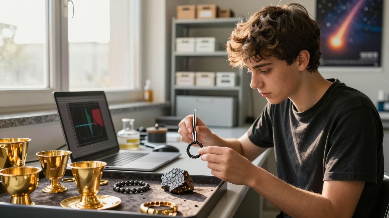 Jovem a examinar uma pulseira preta num espaço de trabalho com joias douradas e portátil aberto.