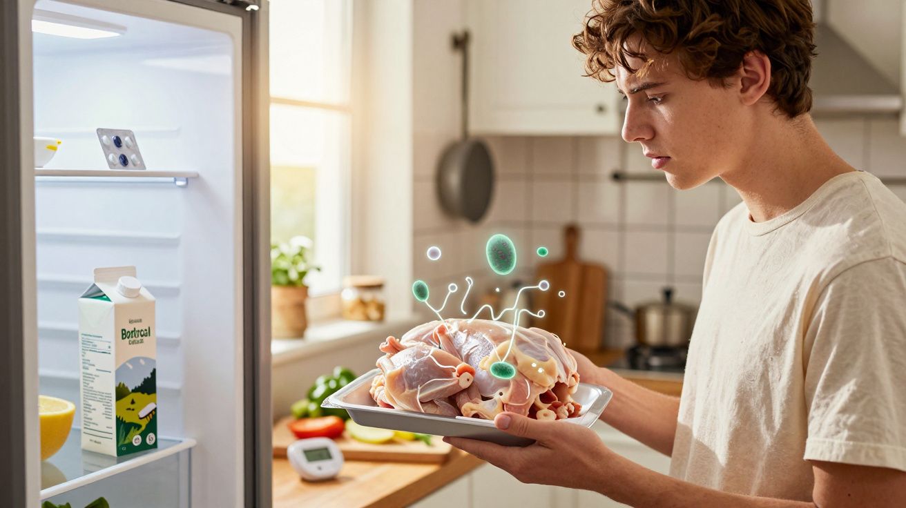 Jovem na cozinha a segurar tabuleiro com frango cru e ilustrações de bactérias visíveis.