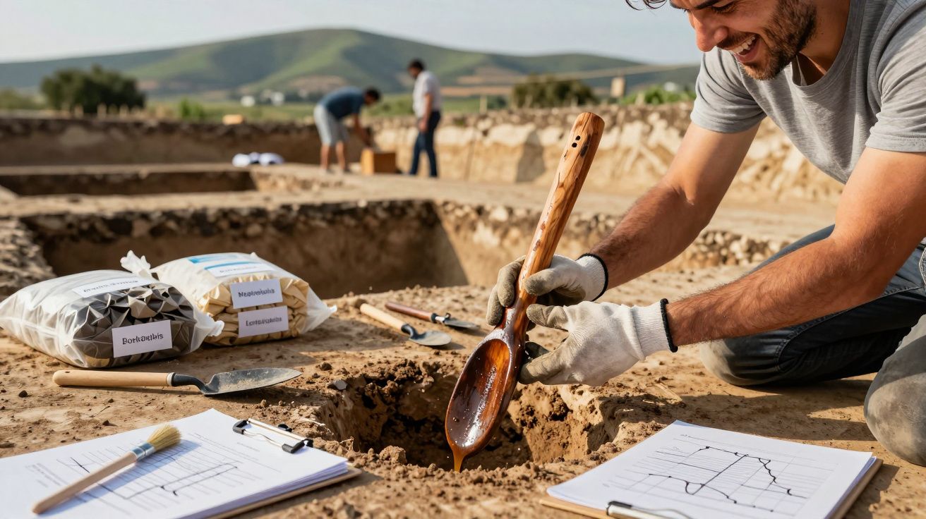 Arqueólogo a escavar com colher de madeira, rodeado de ferramentas e documentos num sítio arqueológico.