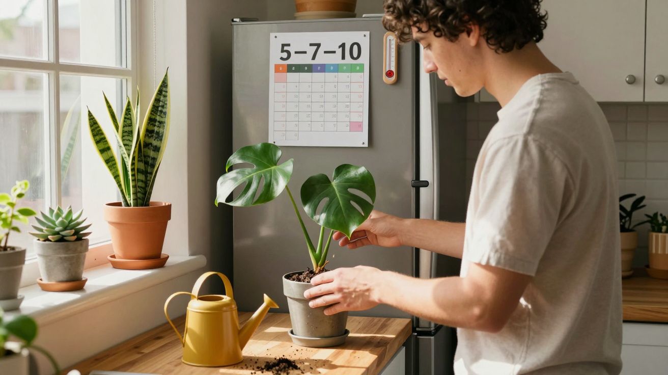 Homem a cuidar de planta numa cozinha iluminada, com regador amarelo e várias plantas ao lado da janela.