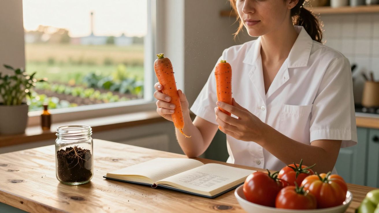 Mulher com bata branca segura duas cenouras, sentada a uma mesa com livro aberto e frutas.