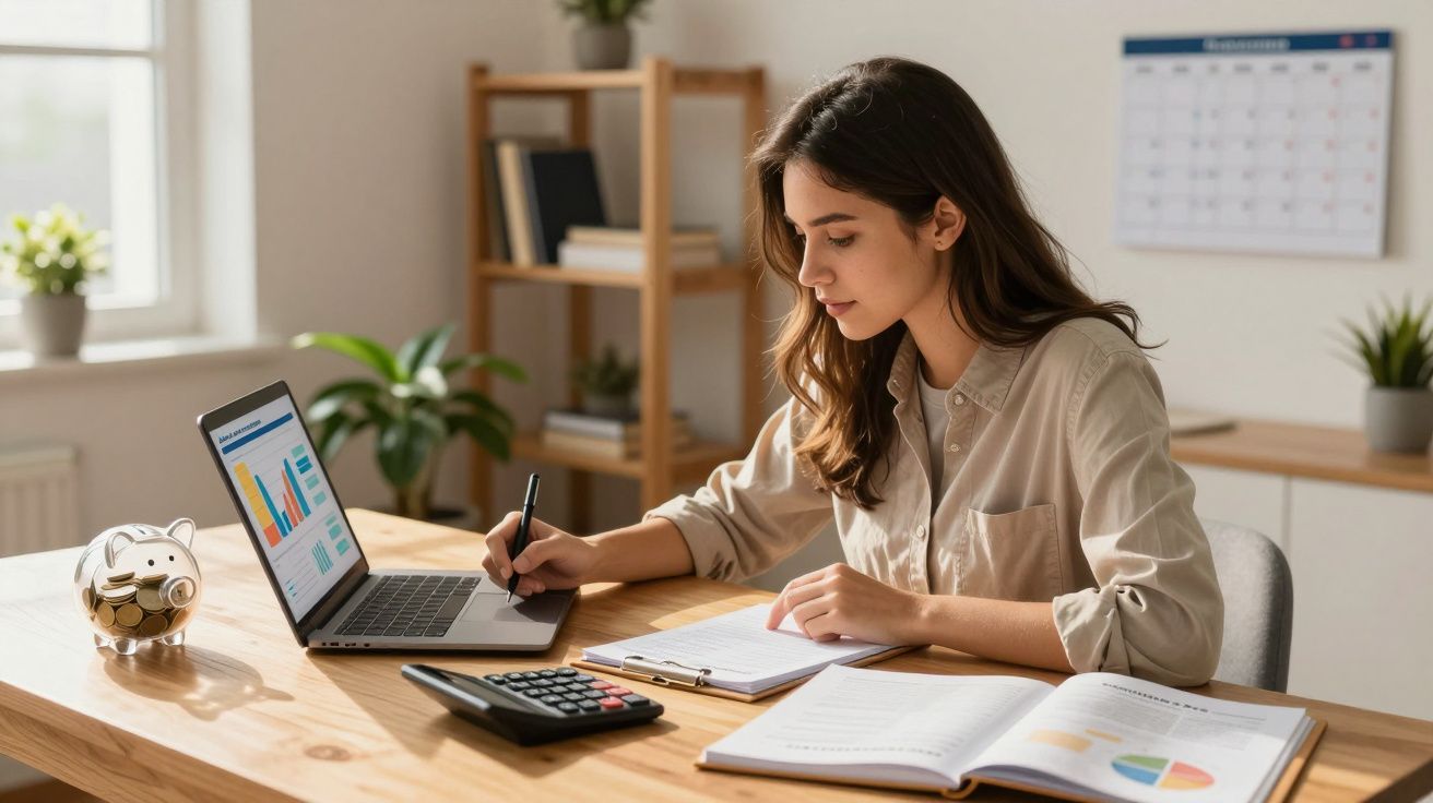 Mulher a trabalhar em finanças, a escrever num bloco, com portátil, calculadora, livro aberto e mealheiro à mesa.