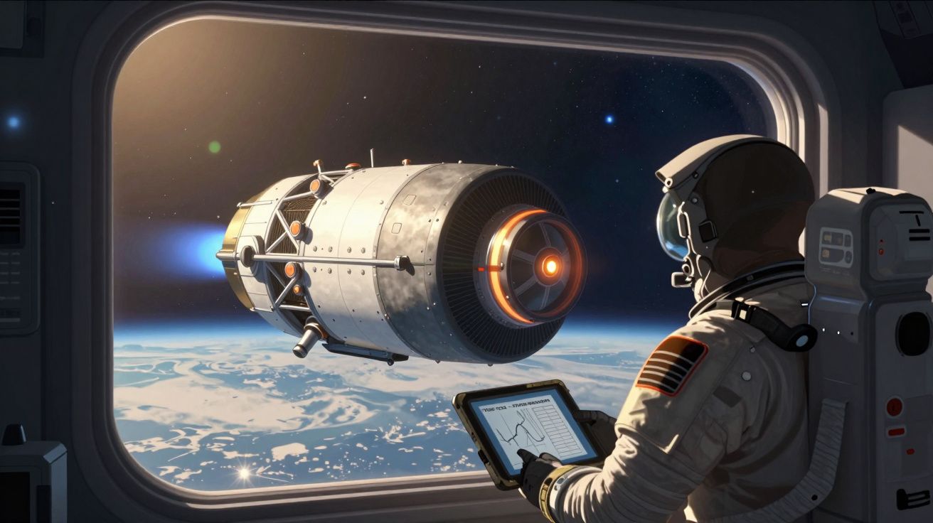 Astronauta dentro de uma nave a observar ecrã digital e estação espacial em órbita acima da Terra.