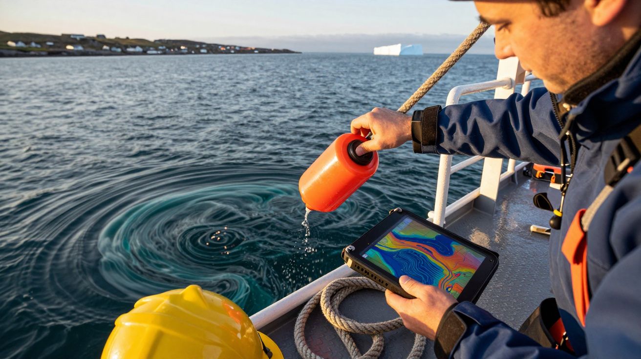 Homem a medir qualidade da água do mar com tablet e amostra num recipiente a bordo de barco.