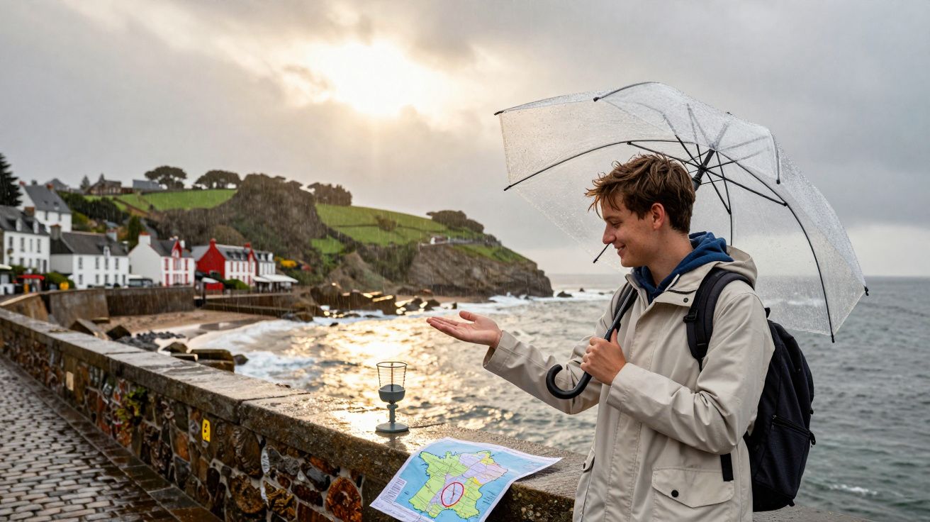 Pessoa com guarda-chuva transparente junto ao mar, debaixo de céu nublado, segurando um mapa aberto numa cidade costeira.