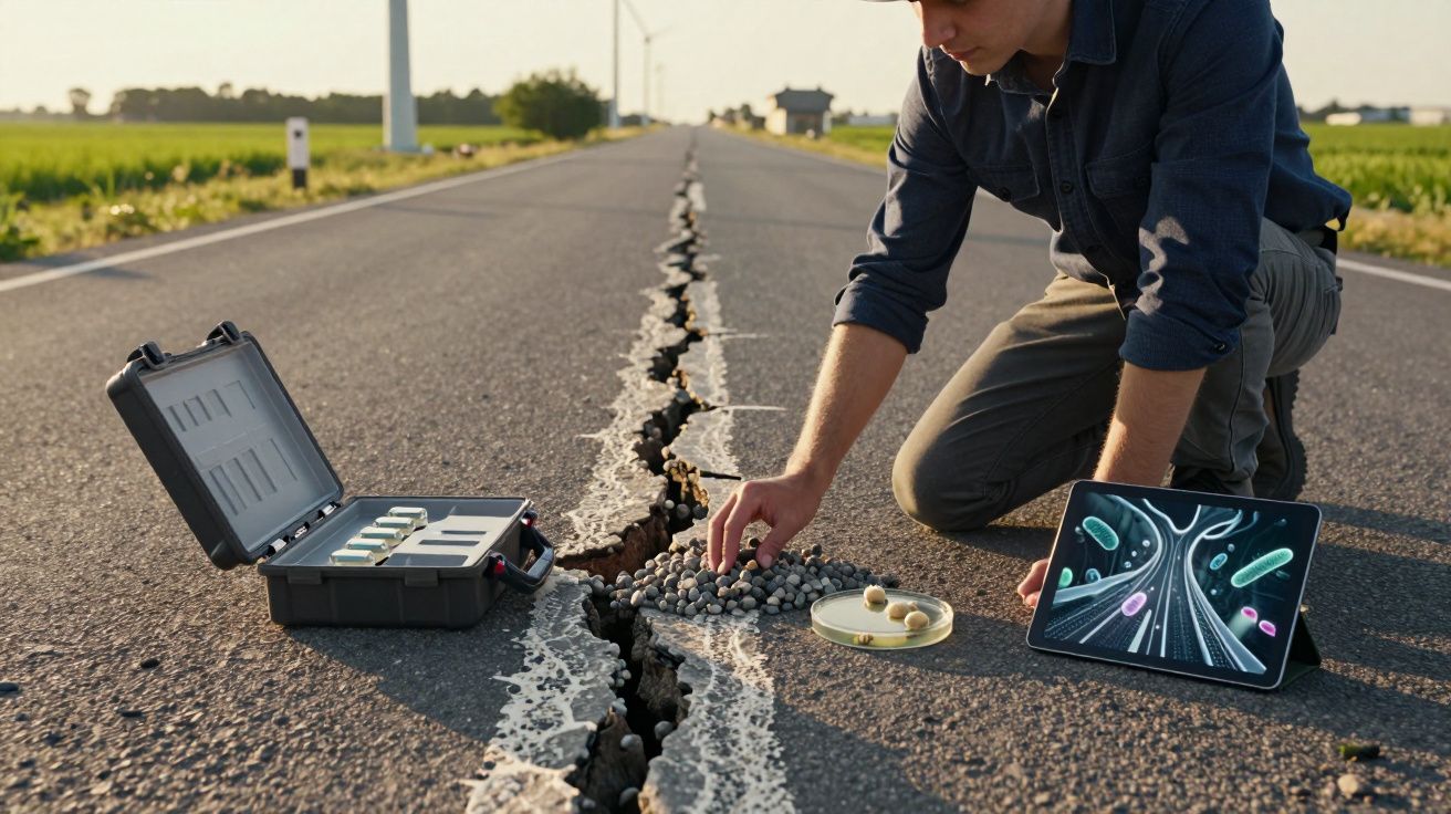 Homem analisa rachadura numa estrada com equipamento científico e tablet com imagens microscópicas.