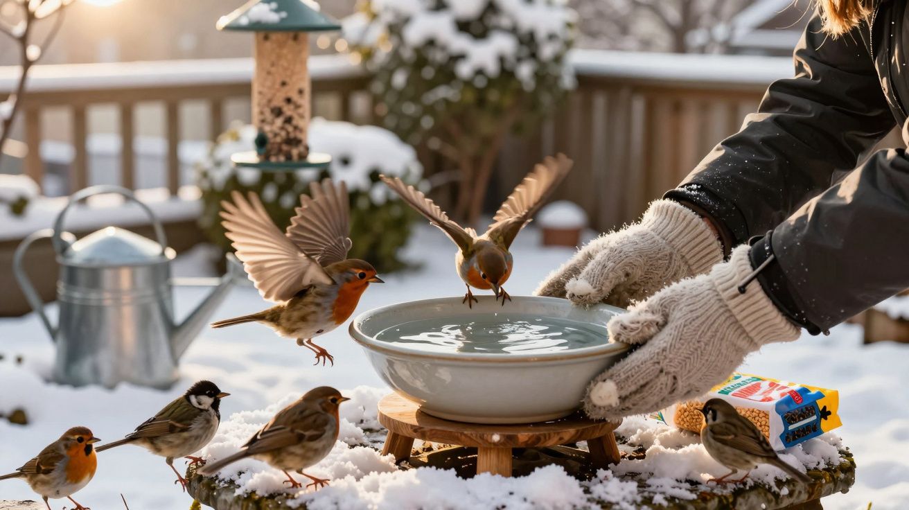 Mãos com luvas a colocar tigela de água para aves pequenas num tronco coberto de neve.
