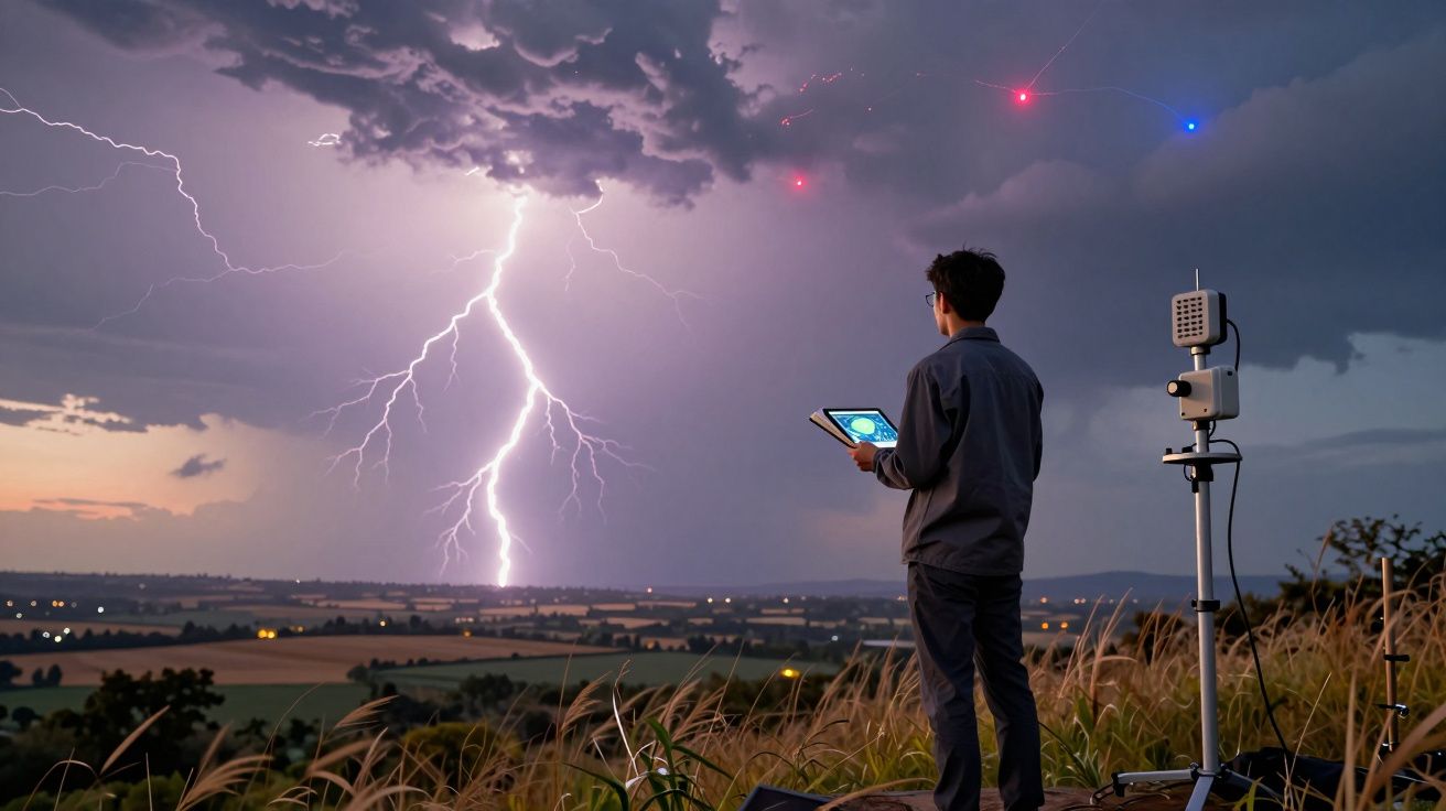 Homem a monitorizar tempestade de relâmpagos ao ar livre com dispositivo e equipamento tecnológico.
