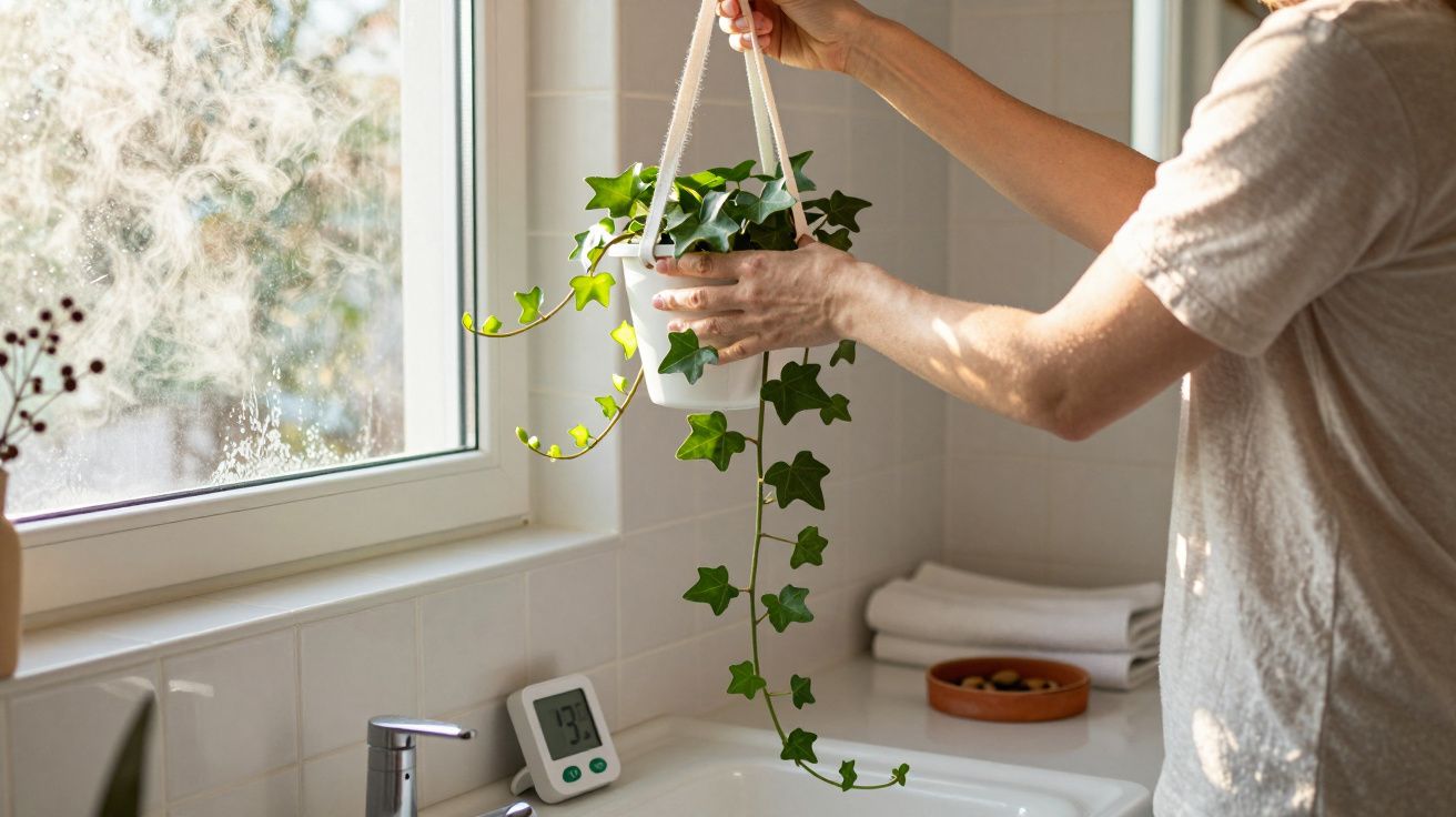 Pessoa a colocar planta em vaso suspenso numa cozinha luminosa junto a janela embaciada.