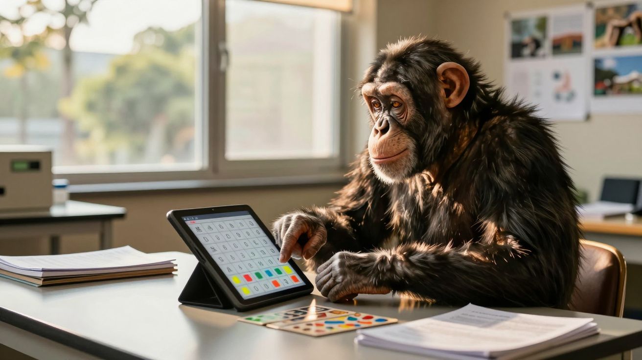 Chimpanzé sentado numa mesa a usar um tablet num ambiente de sala de aula iluminada pela luz natural.