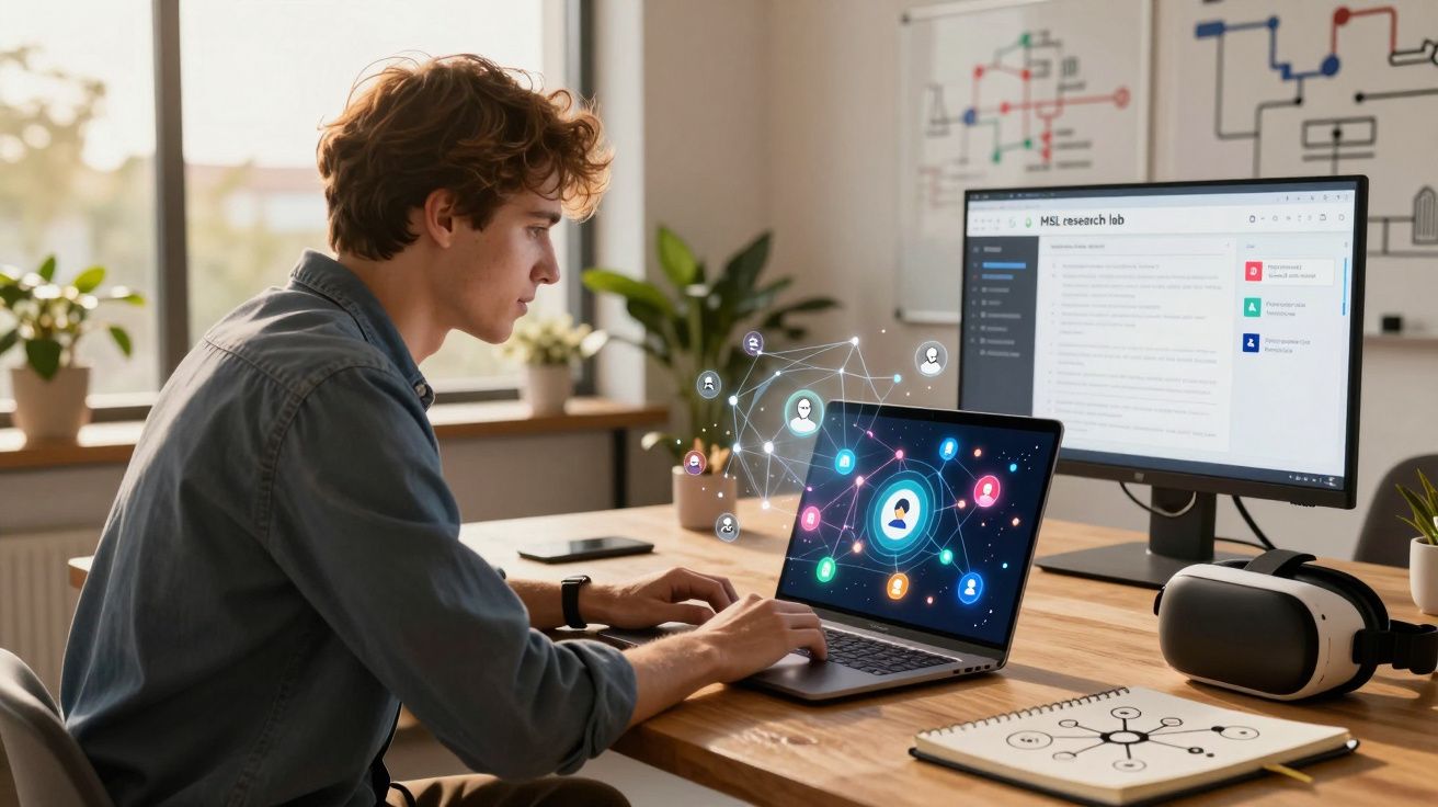 Jovem a trabalhar num portátil com rede social digital, monitor extra e equipamentos de tecnologia em ambiente de escritório.