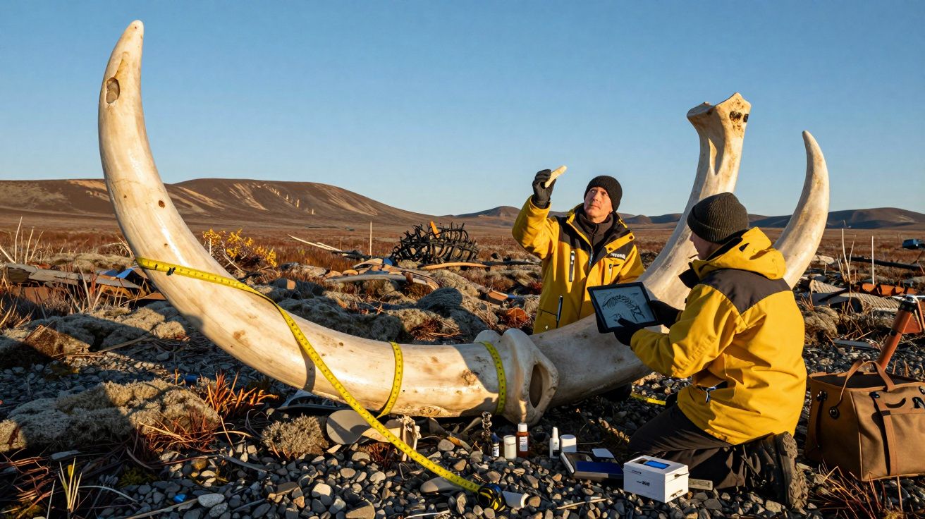Dois investigadores medem e estudam uma enorme presa fossilizada numa paisagem rochosa ao ar livre.