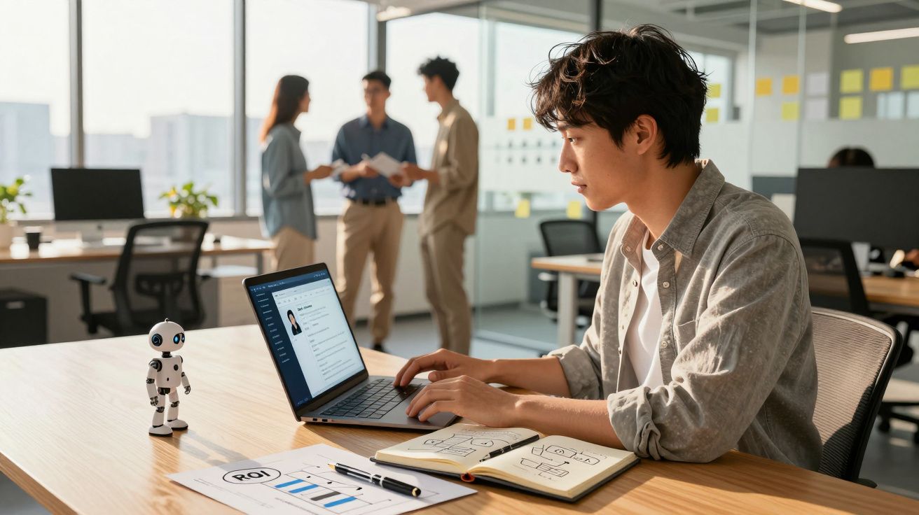 Jovem a trabalhar num escritório com laptop e notas, com robô de brinquedo e colegas em discussão ao fundo.