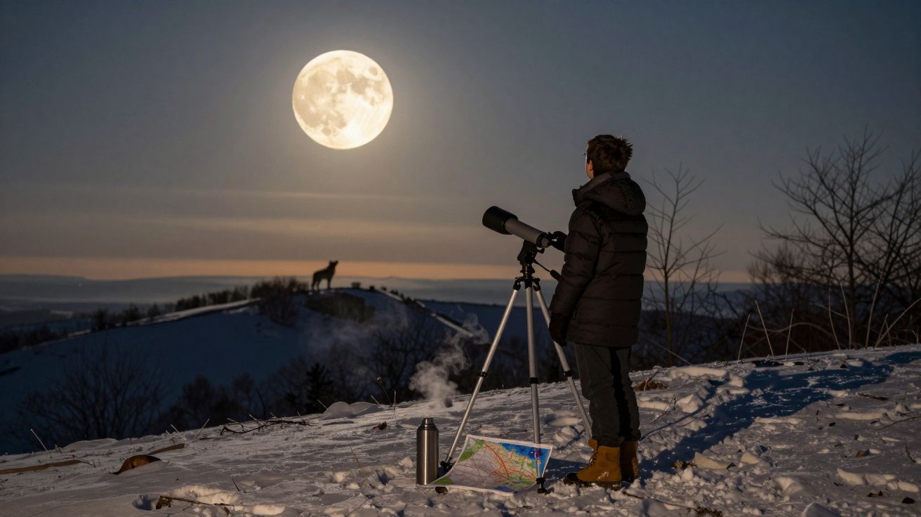 Rapaz observa a lua cheia ao longe com telescópio numa paisagem nevada e um mapa no chão.