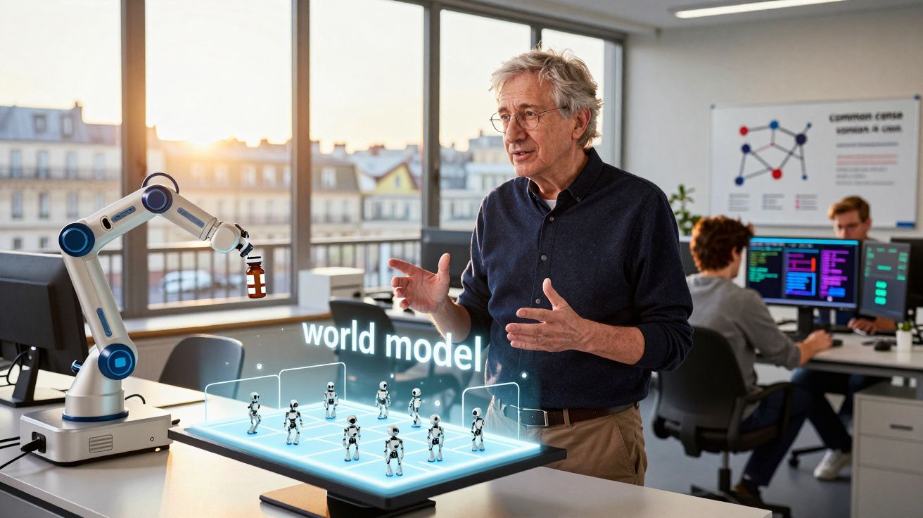 Homem idoso numa sala de escritório com robô e modelo holográfico de robôs pequenos numa mesa.