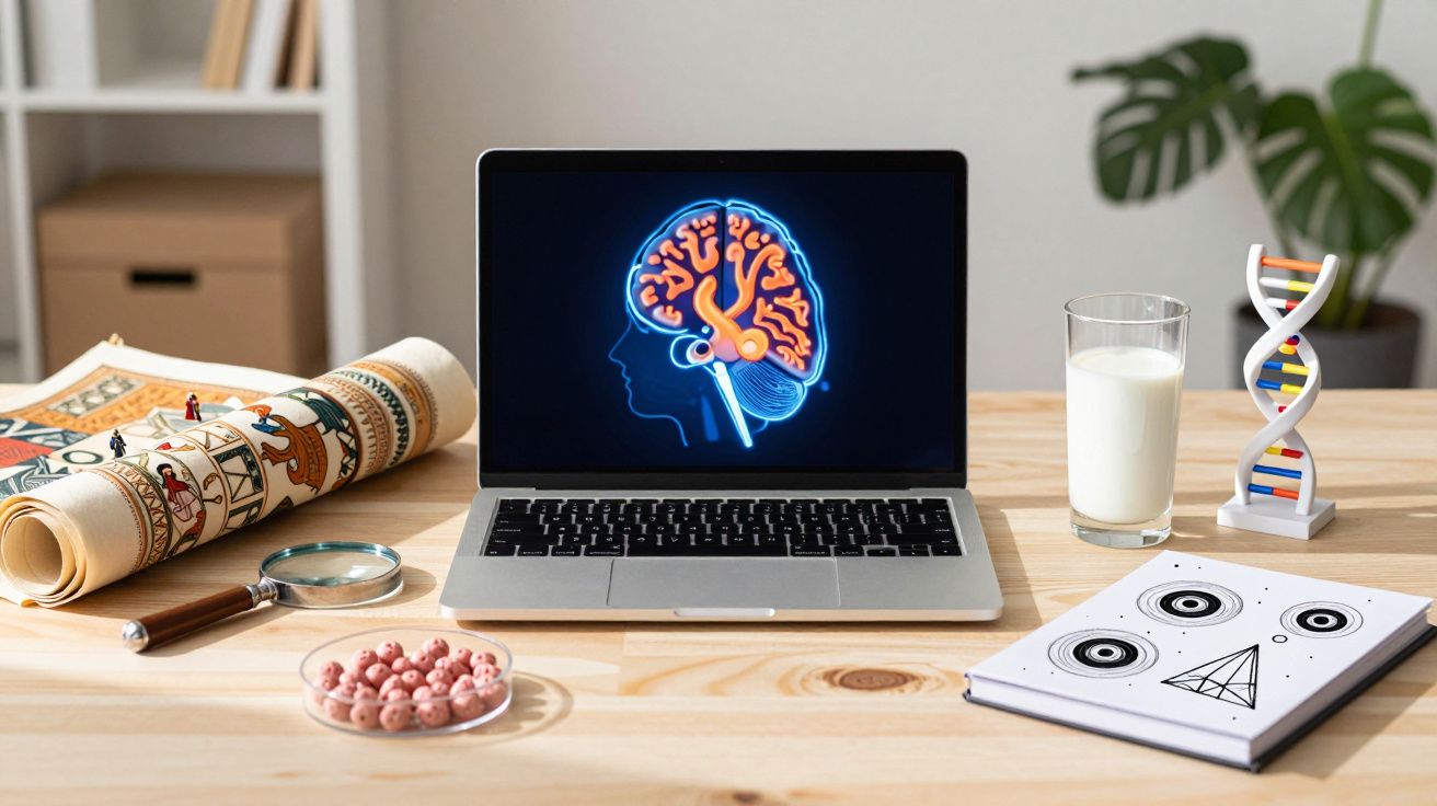 Computador com imagem do cérebro, lupa, rolo decorado, cápsulas, caderno, copo de leite e modelo de ADN numa mesa.