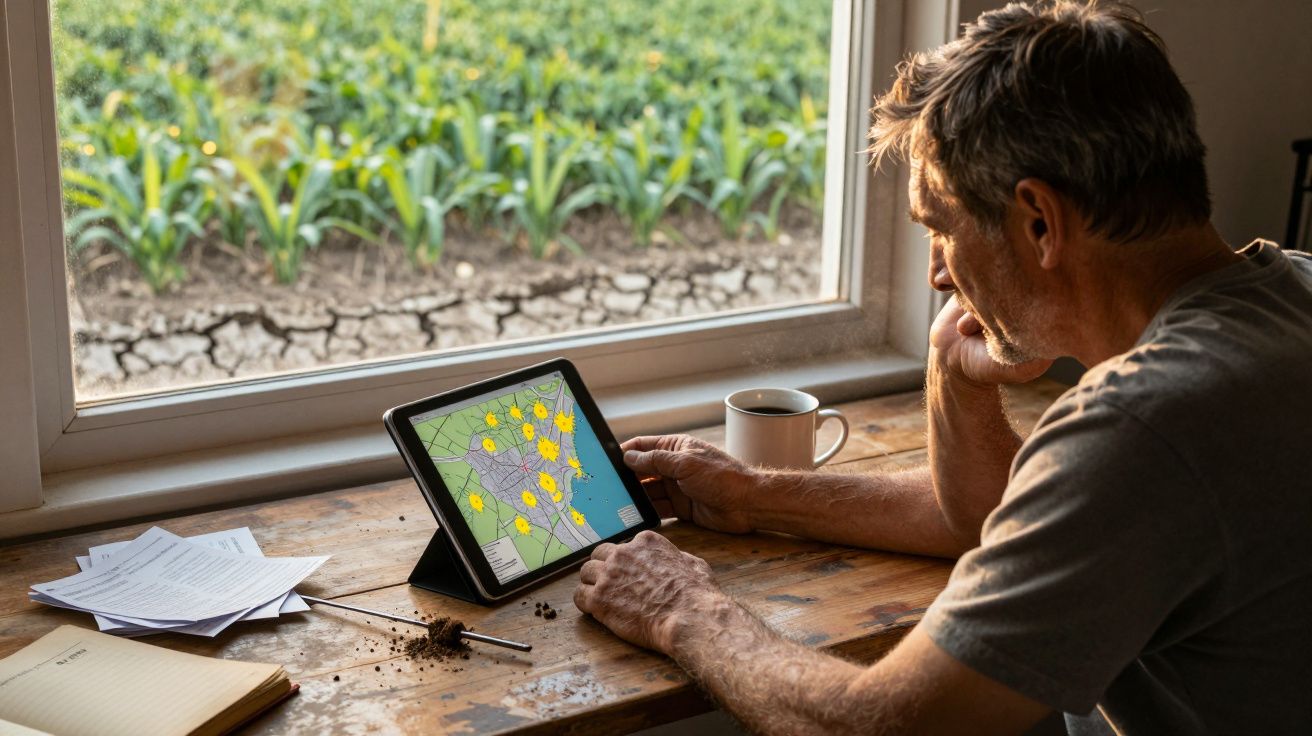 Homem sentado junto a uma janela observa mapa com ícones de plantas num tablet sobre mesa de madeira.