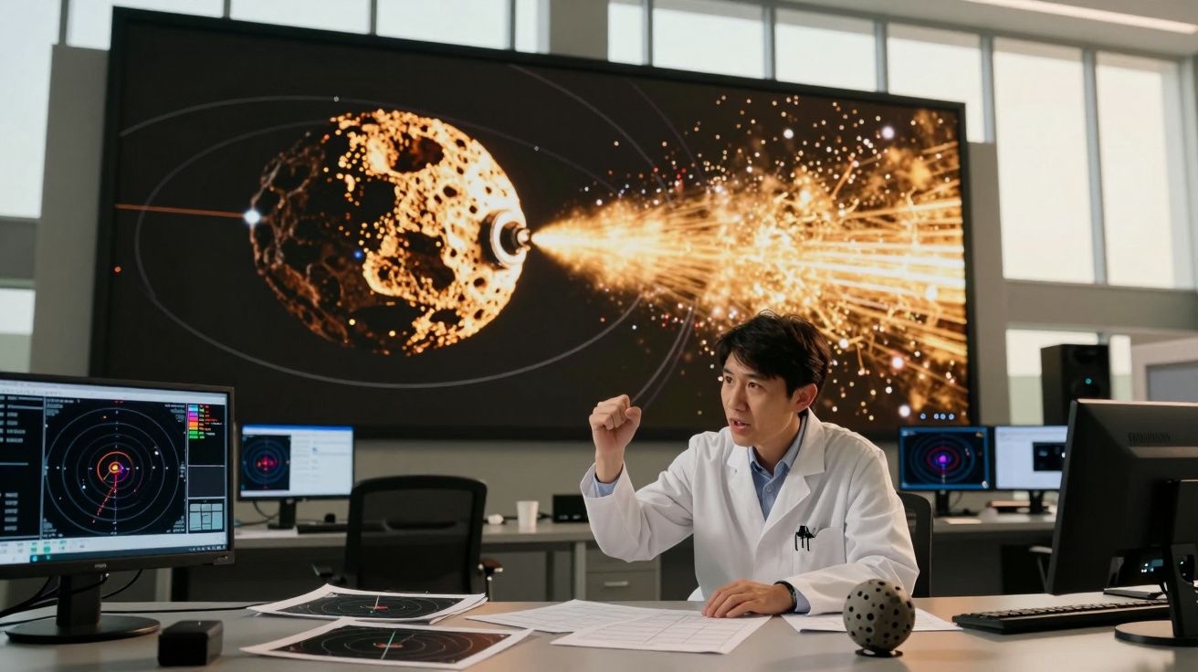 Cientista em laboratório com imagem digital de asteroide e explosão projetada atrás, rodeado por ecrãs e mapas espaciais.