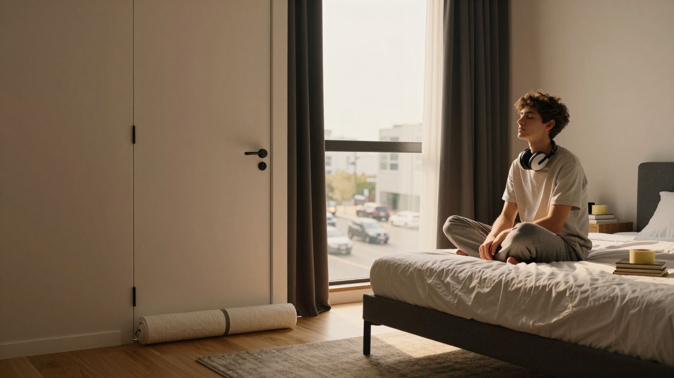 Jovem sentado de pernas cruzadas na cama, com auscultadores ao redor do pescoço, num quarto com janela grande.