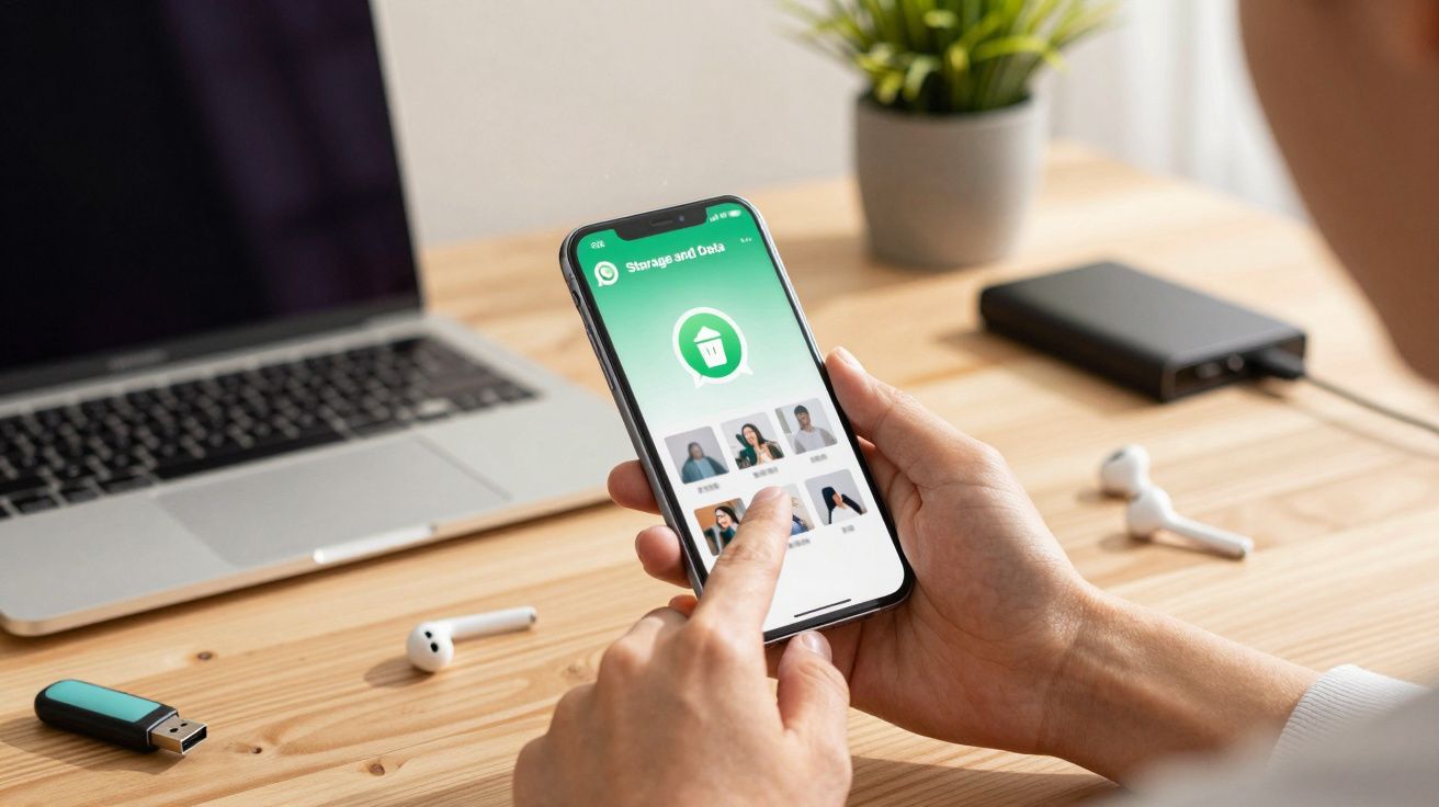 Pessoa a apagar fotos num smartphone com computador portátil e acessórios numa secretária de madeira.