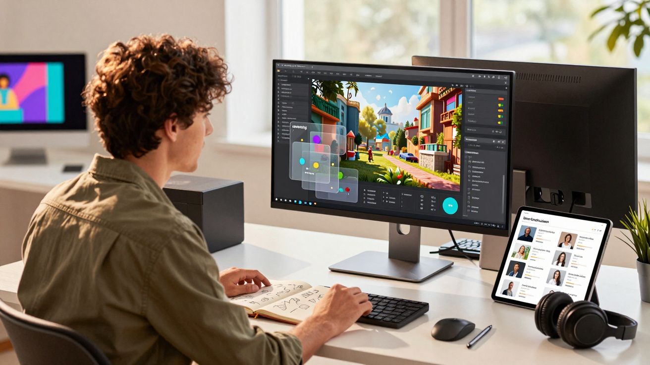 Pessoa a trabalhar em design gráfico num computador com tablet e headphones numa mesa branca junto a uma janela.