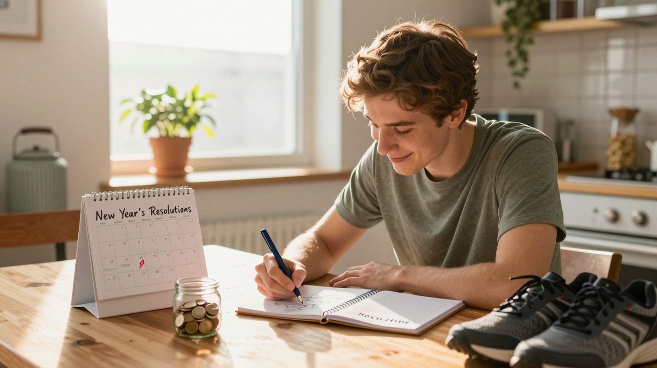 Jovem sentado à mesa a escrever resoluções de Ano Novo, com calendário, frasco de moedas e ténis à sua frente.